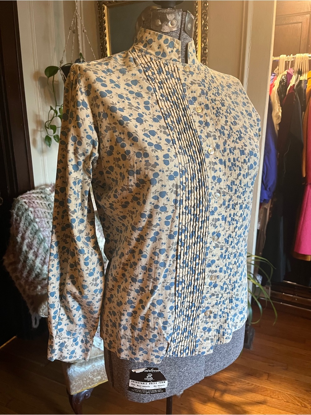 Blue Floral Pintuck Cotton Blouse - Women's Top
